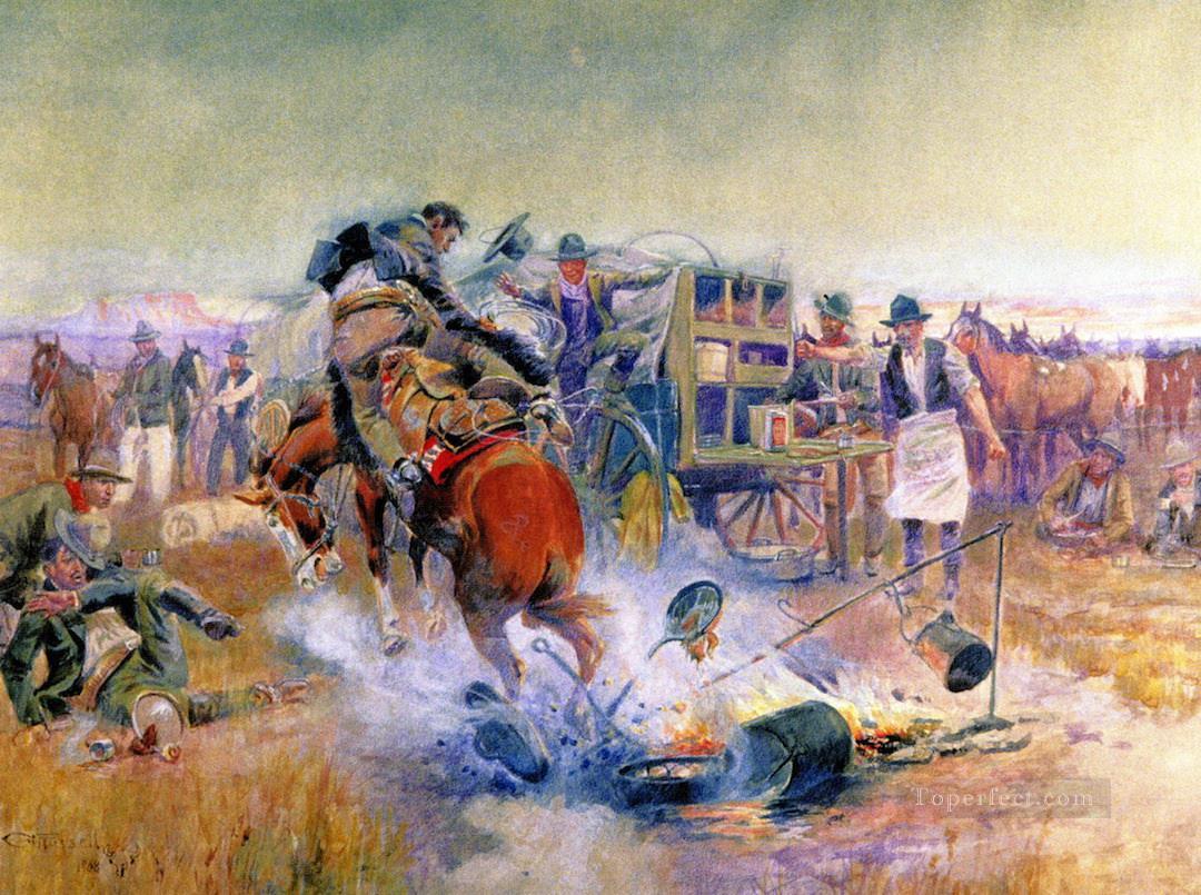 Bronc para el desayuno 1908 Charles Marion Russell Indiana cowboy Pintura al óleo